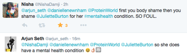 Nisha: "First you body shame then you shame Juliette Burton for her mental health condition. So FOUL." Arjun: "So she does have a mental health condition (laughing emoji, 'OK' gesture emoji)"