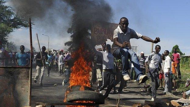 Some Burundians take to the streets as they demonstrate in Musaga, on 28 April 2015 on the outskirts of the capital Bujumbura