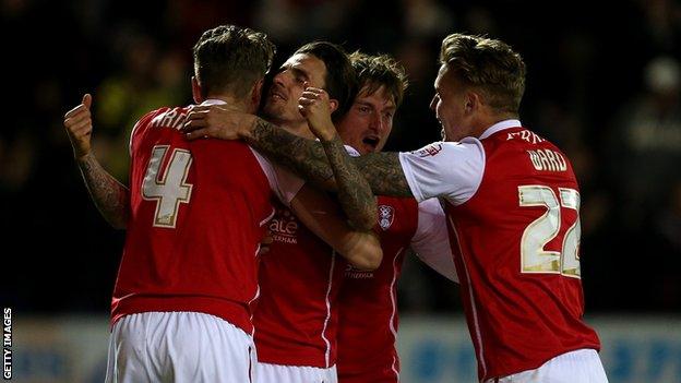 Matt Derbyshire celebrates scoring for Rotherham against Reading