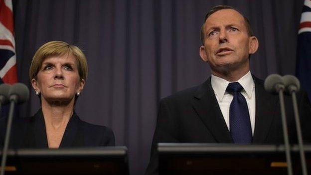 Australian Foreign Minister Julie Bishop and PM Tony Abbott at a press conference