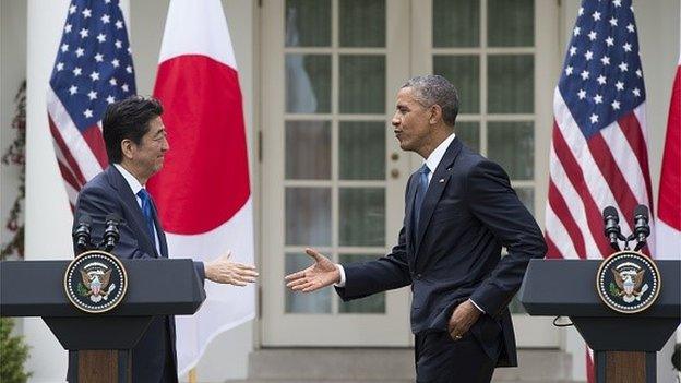 US President Barack Obama and Japanese Prime Minister Shinzo Abe hold a joint press conference in the Rose Garden of the White House in Washington, DC, April 28, 2015