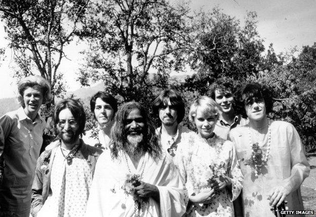 The Beatles at Rishikesh in India with the Maharishi Mahesh Yogi, March 1968.