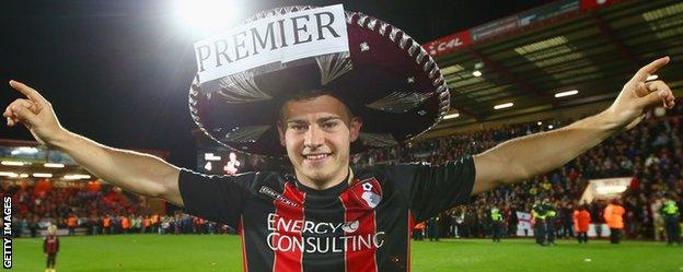 Ryan Fraser celebrates Bournemouth's promotion