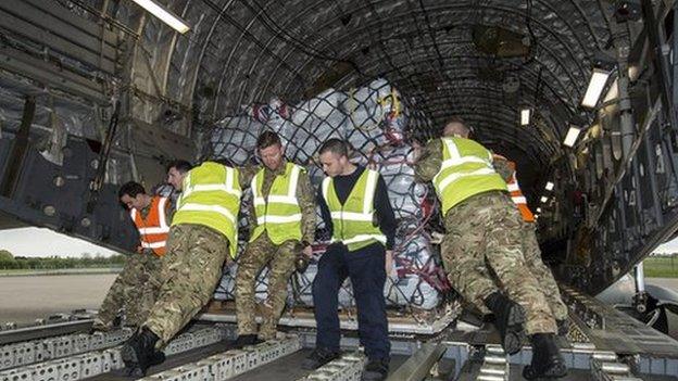 Nepal aid flight being loaded at RAF Brize Norton