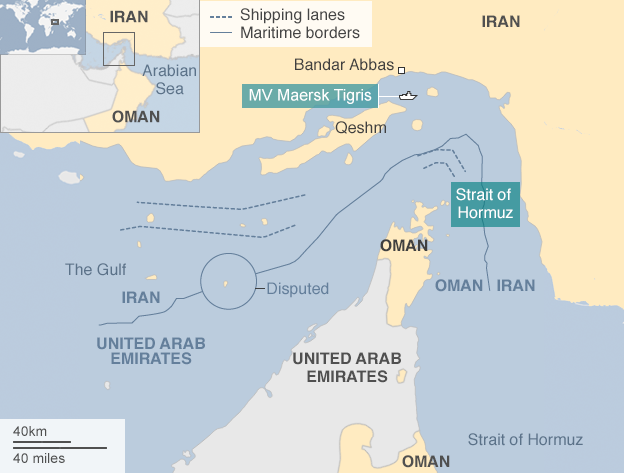 Map showing Strait of Hormuz and position of MV Maersk Tigris