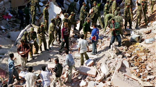 Indian army helping to clear rubble in Ahmedabad, in the state of Gujarat in the aftermath of the Bhuj earthquake, India, on 26 January 2001