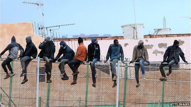 Migrants at the border between Morocco and Melilla