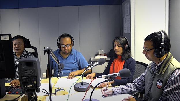 The BBC 'lifeline' radio programme in Kathmandu, Nepal. From left to right: Shyam Nepali, Jitendra Raut, Bidhya Chapagain and Sanjaya Dhakal.