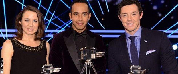 Jo Pavey (third), Lewis Hamilton (winner) and Rory McIlroy (runner-up) at the 2014 Sports Personality of the Year