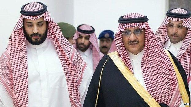 Saudi Prince Mohammed bin Salman (left) and Prince Mohammed bin Nayef (right) meet Saudi air force commanders in Riyadh (29 April 2015)