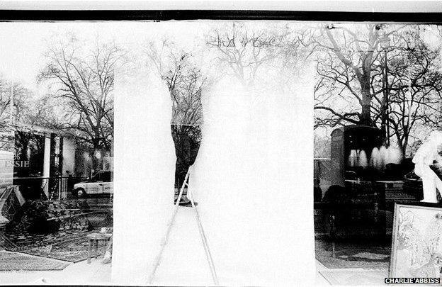 Window dresser through glass window (reflecting trees behind the camera)