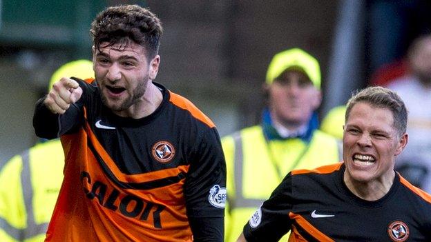 Nadir Ciftci celebrates a goal for Dundee United