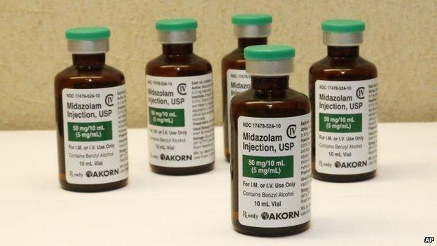 This July 25, 2014 file photo shows bottles of the sedative midazolam at a hospital pharmacy in Oklahoma City