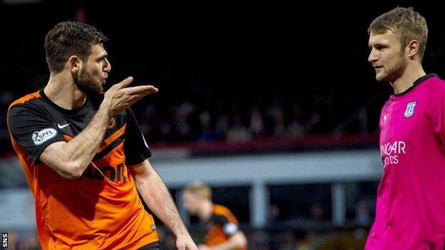 Nadir Ciftci celebrates a goal with a kiss directed at Dundee goalkeeper Scott Bain