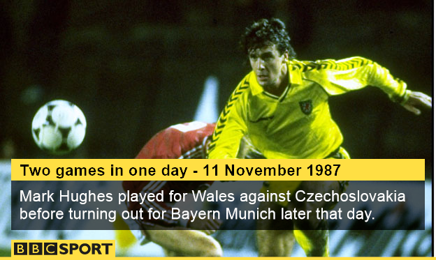 Mark Hughes in action for Wales in their 2-0 Euro 88 qualifying defeat against Czechoslovakia in Prague