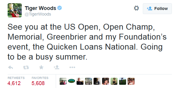 Tiger Woods announced he would play five tournaments this summer on Twitter