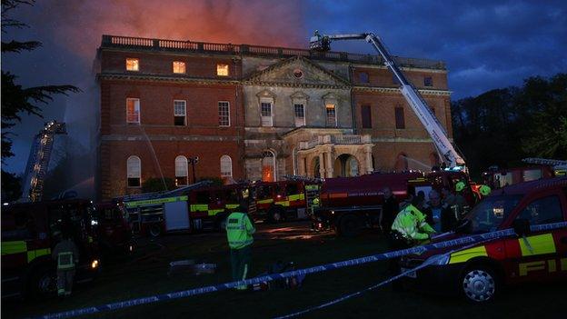 Clandon House on fire