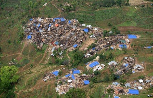 Damaged houses are pictured from an Indian Army helicopter at Barpak village, in northern-central Gorkha district on April 29, 2015.