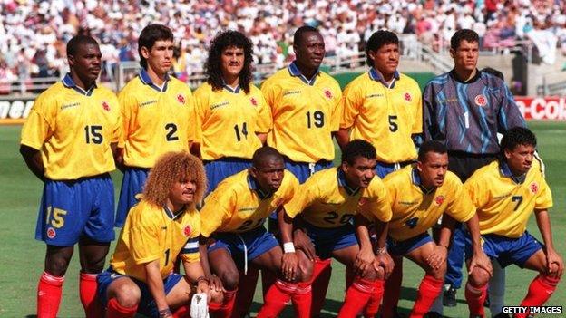 Colombia line up for a team photo prior to their USA 1994 World Cup match against America at the Rose Bowl in Pasadena, California.