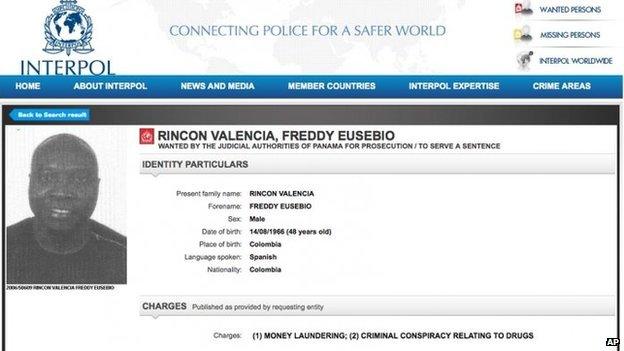 Screen grab of red notice against Colombian footballer Freddy Rincon