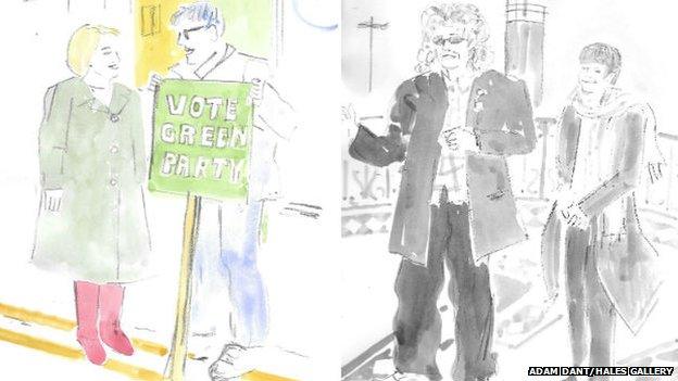 Sketches of Natalie Bennett and Caroline Lucas by Adam Dant