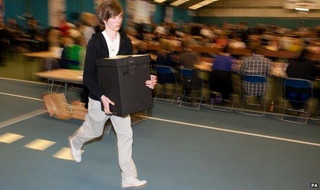 Ballot boxes are run in during Sunderland election count in 2010