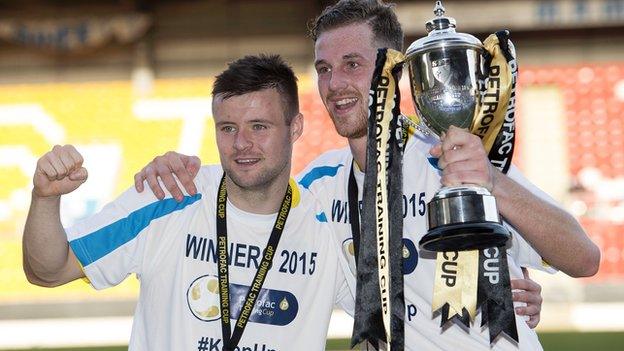 Callum Fordyce and Jordan White celebrate Livingston's Challenge Cup win