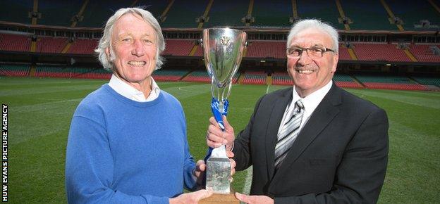 JPR Williams and Tommy David, the 1979 Bridgend and Pontypridd captains, pose with the Swalec Cup ahead of Sunday's final