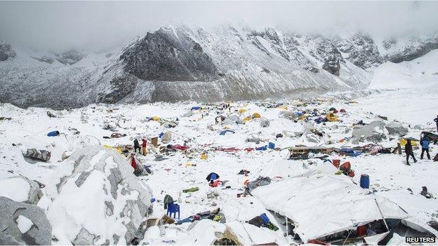 The Mount Everest south base camp in Nepal is seen a day after a huge earthquake-caused avalanche killed at least 17 people