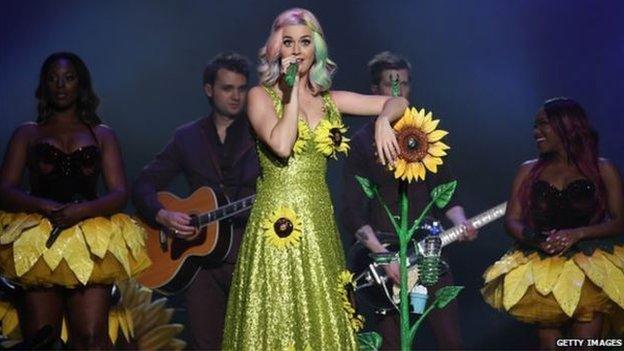 Singer Katy Perry performs on the stage during her live tour at the Guangzhou International Sports Arena in China