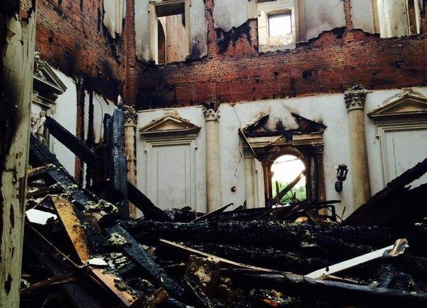 The marble hall of Clandon Park House after the fire