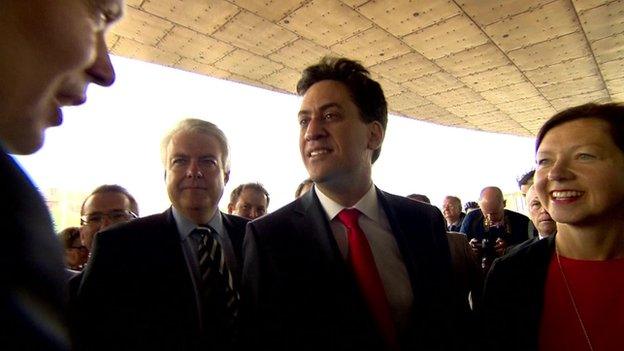 Ed Miliband arriving at a campaign event in Wales