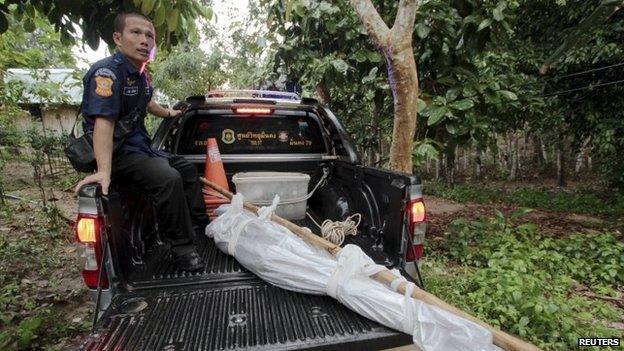 Rescue workers transport one of the bodies found at an abandoned camp in Thailand"s southern Songkhla province 1 May 2015.