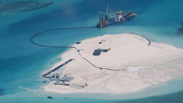 Aerial shot of what appears to be a large-scale reclamation by China on the Chinese-held Johnson South Reef, part of the disputed Spratly chain