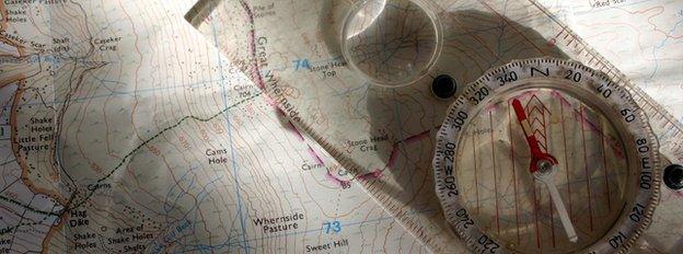 Ordnance Survey map and compass