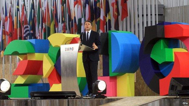 Italian Prime Minister Matteo Renzi delivers a speech on the occasion of the official opening of the Milan Expo 2015 in Milan, Italy, 1 May 2015