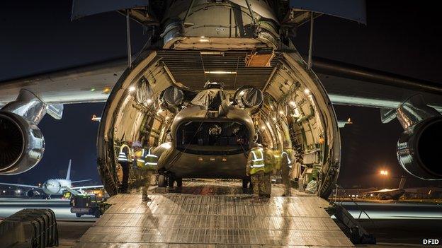 Chinook helicopter leaving for Nepal