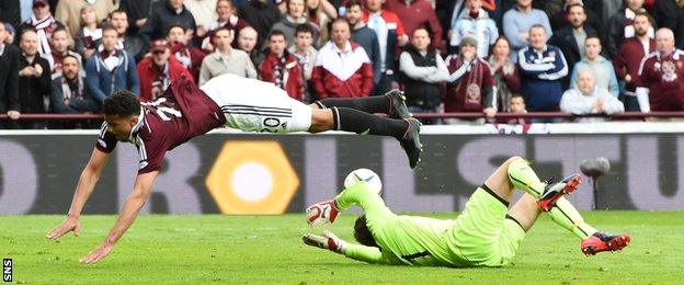 Osman Sow goes tumbling in the penalty box from a challenge by Rangers goalkeeper Cammy Bell