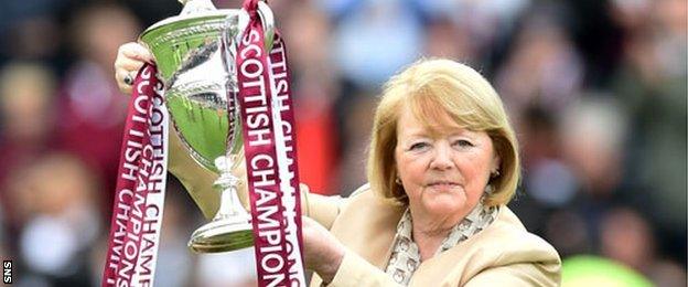 Hearts owner Ann Budge holds the Championship trophy aloft