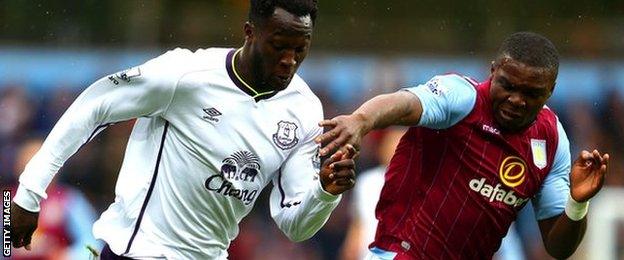 Romelu Lukaku and Jores Okore in action at Villa Park