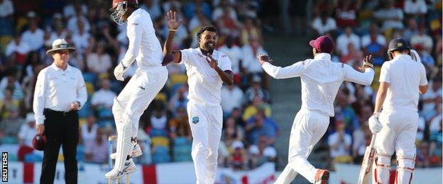 West Indies celebrate the wicket of Moeen Ali