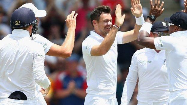 James Anderson celebrates taking a wicket