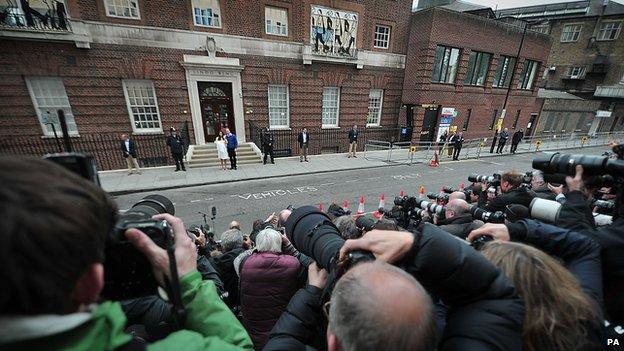 Media outside St Mary's Hospital as Duke and Duchess of Cambridge emerge with their new baby daughter on 2 May 2015