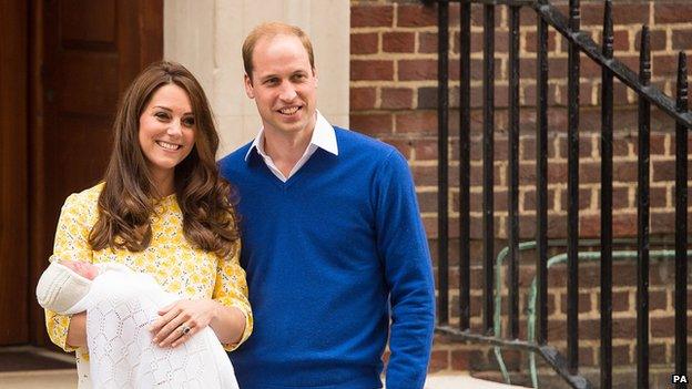 Duke and Duchess of Cambridge emerge from St Mary's Hospital with their new baby daughter on 2 May 2015