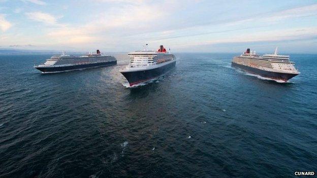 From left to right: Queen Elizabeth, Queen Mary 2 and Queen Victoria