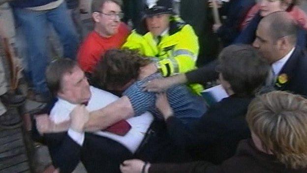 John Prescott grapples with a protester