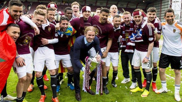 Robbie Neilson and the Hearts players celebrate on the pitch with the Championship trophy