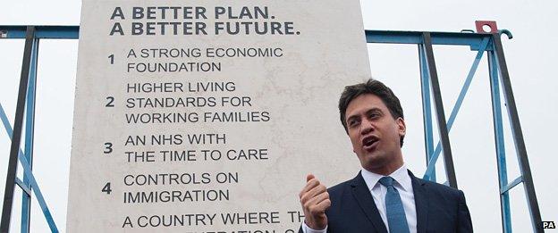 Ed Miliband in front of Labour's stone tablet