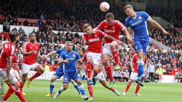 Cardiff defender Ben Turner goes close to scoring with a header against Nottingham Forest