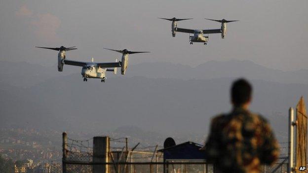 US Air Force Bell Boeing V-22 Osprey aircrafts arrive at the Tribhuvan International airport in Kathmandu, Nepal, Sunday, May 3, 2015.